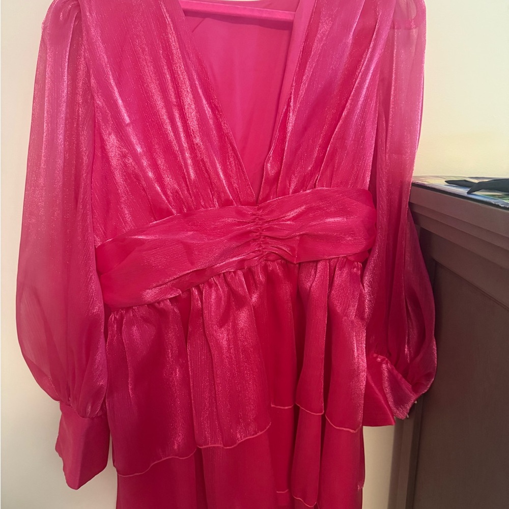 Vibrant Pink Dress with Sheer Sleeves